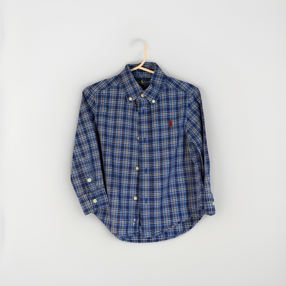 Ralph Lauren Boys 2T Blue Plaid Button Down Shirt Long Sleeve Cotton Pony Logo
